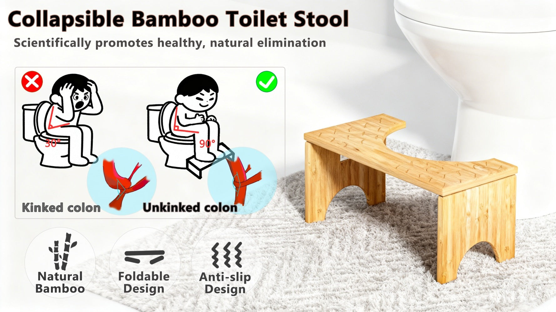Toilet Stool Foldable Bamboo Squatting Stool ¨C Ergonomic 7-Inch Height for Natural Constipation Relief | Collapsible Non-Slip Bathroom Footstool for Space Saving, Travel & Easy Storage