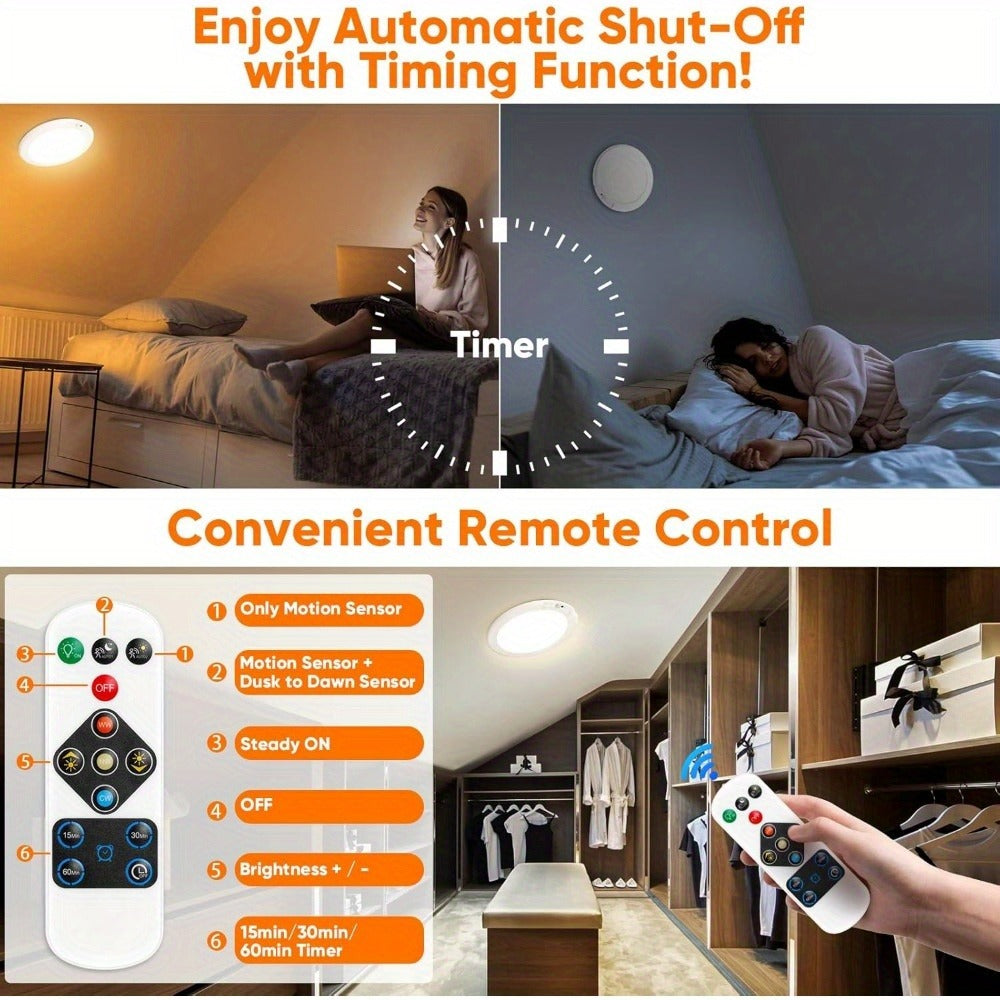 Motion Sensor Ceiling Light Rechargeable with Remote ¨C 3-Color Dimmable Wireless LED Overhead Light, No Wiring, Battery Operated for Closet, Shower, Pantry, Shed & Hallway (Round & Square, 1 or 2 Pack)