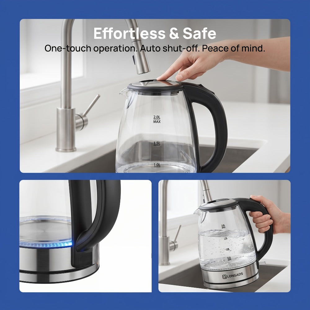 Glass Electric Kettle 2L Large Capacity ¨C 1000W Fast Boil, Anti-Dry Burn Protection, See-Through Design for Coffee Milk Tea, Kitchen Dining Room Living Room Use, 67.63oz