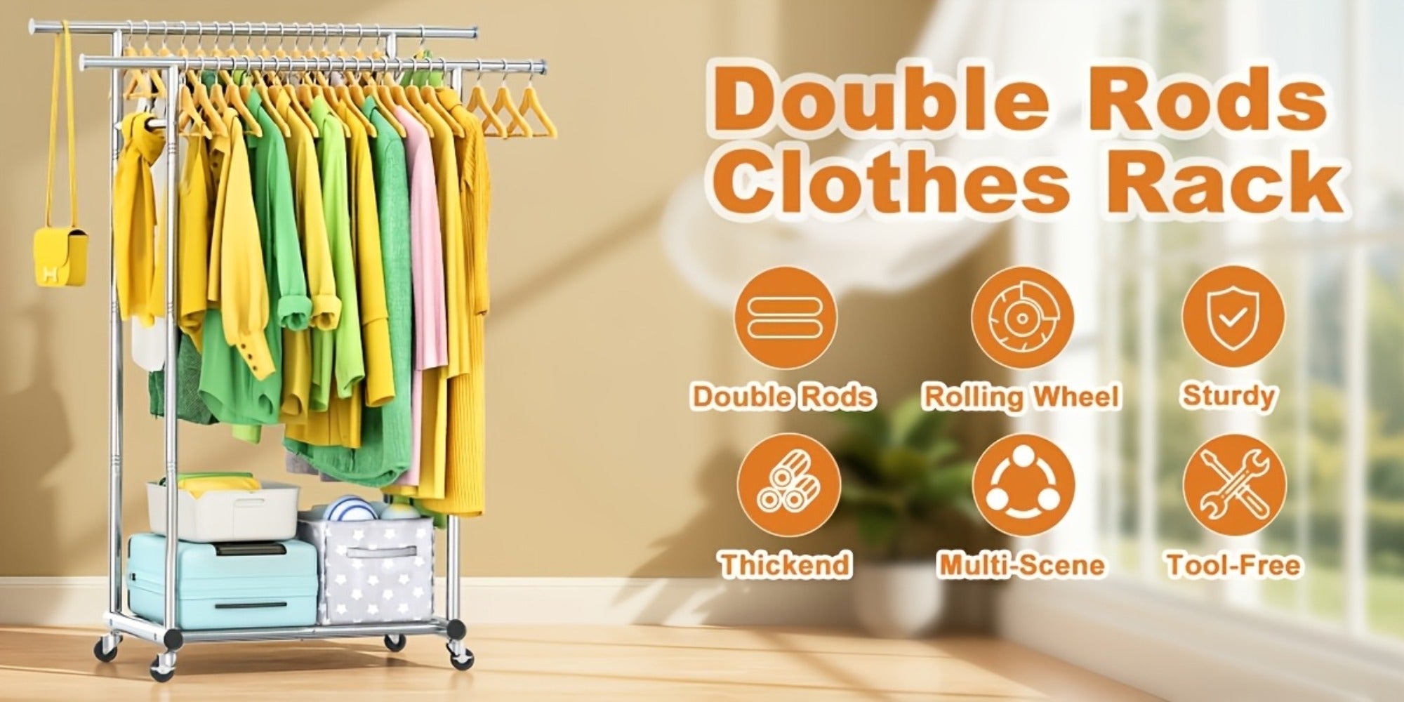 Portable Clothes Rack with Wheels ¨C Heavy Duty Double Rod Garment Rack with Shelves & Hooks | Metal Rolling Clothing Rack for Hanging Clothes | Multi-Functional Closet Rack for Bedroom & Laundry Room