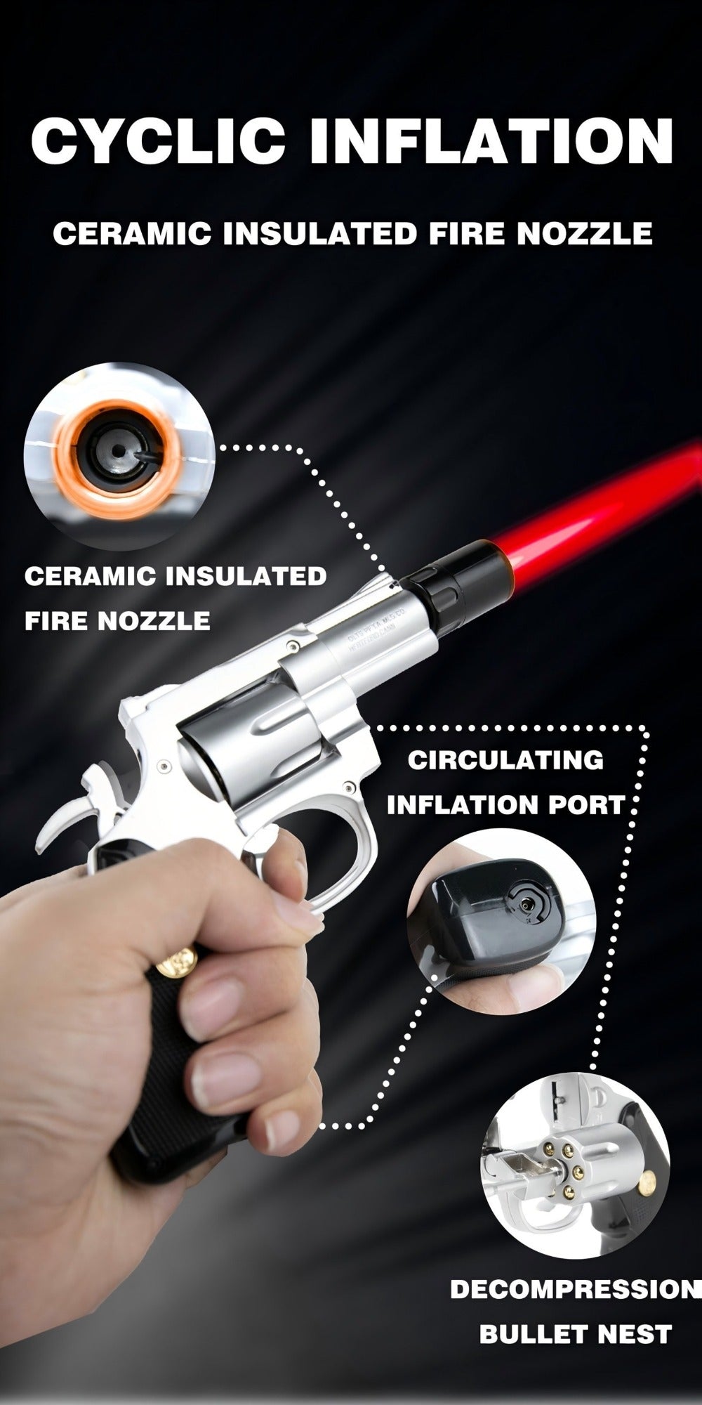 Windproof Butane Lighter with Adjustable Flame | Pistol Revolver & Wheel Design for Camping Outdoor Cooking Grilling BBQ Charcoal Lighting
