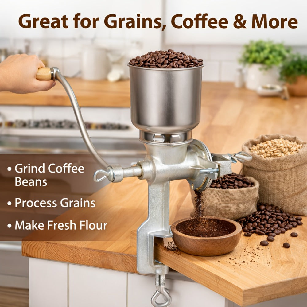 Cast Iron Grain Mill Manual Grain Grinder | Heavy Duty Hand Crank Food Mill | High Hopper with Clamp & Shield | Grinds Nuts Flour Corn Wheat Coffee | Kitchen Manual Grinder