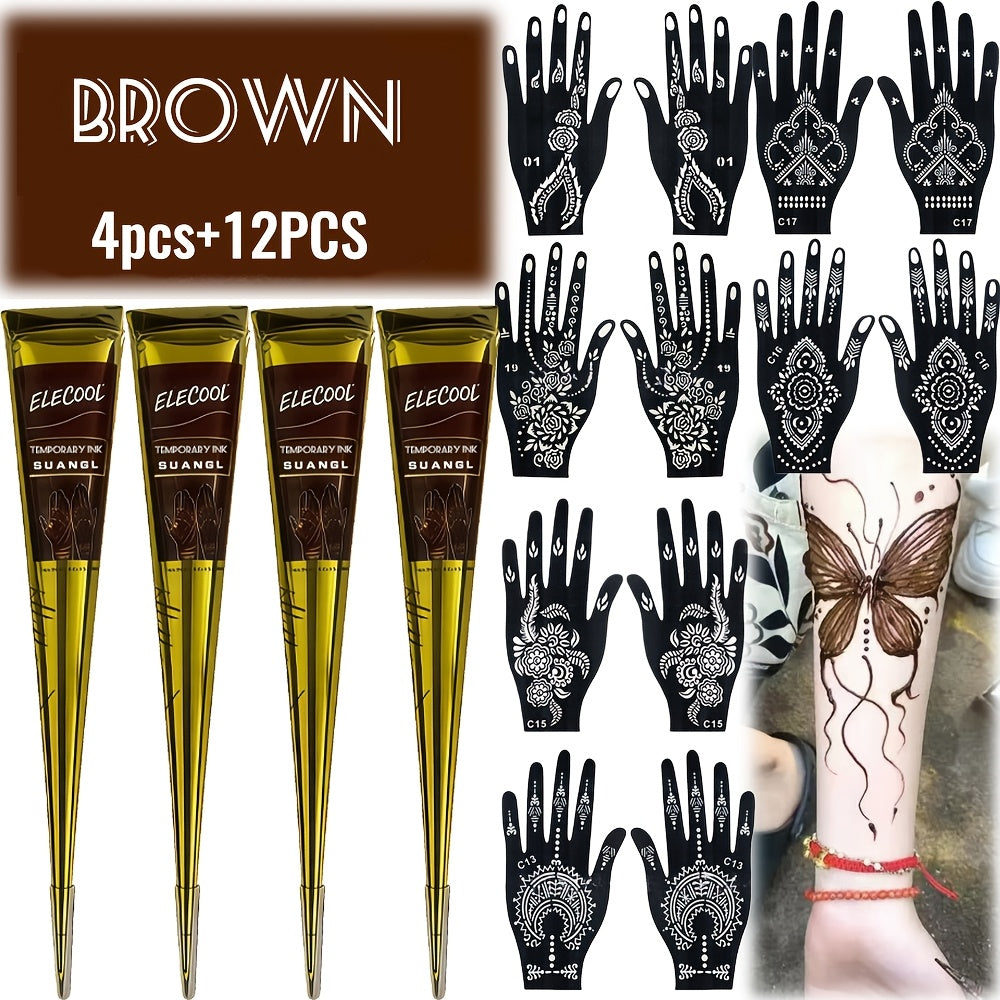 Temporary Semi-Permanent Tattoo Paste Kit - Waterproof Body Art Gel in Brown & Black with Tattoo Templates, Safe Non-Irritating Henna-Style Ink for Parties, Festivals, Cosplay & Daily Decoration