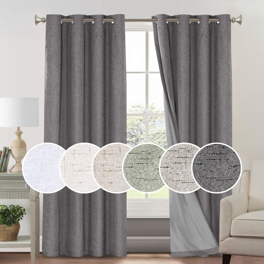 Blackout Curtains 2 Panels 100% Blackout Linen Textured Thermal Insulated Grommet Window Drapes Noise Reducing for Bedroom Living Room Hall - Full Light Blocking Room Darkening Curtains