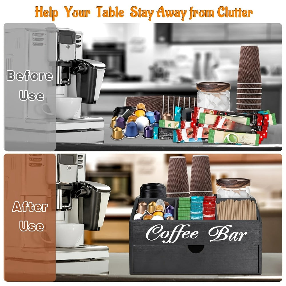 Coffee Bar Organizer with Drawer | Wood Countertop Coffee Station Organizer | 5-Compartment K-Cup Pod Holder Tea Condiment Storage | Rustic Farmhouse Coffee Bar Decor for Kitchen Counter