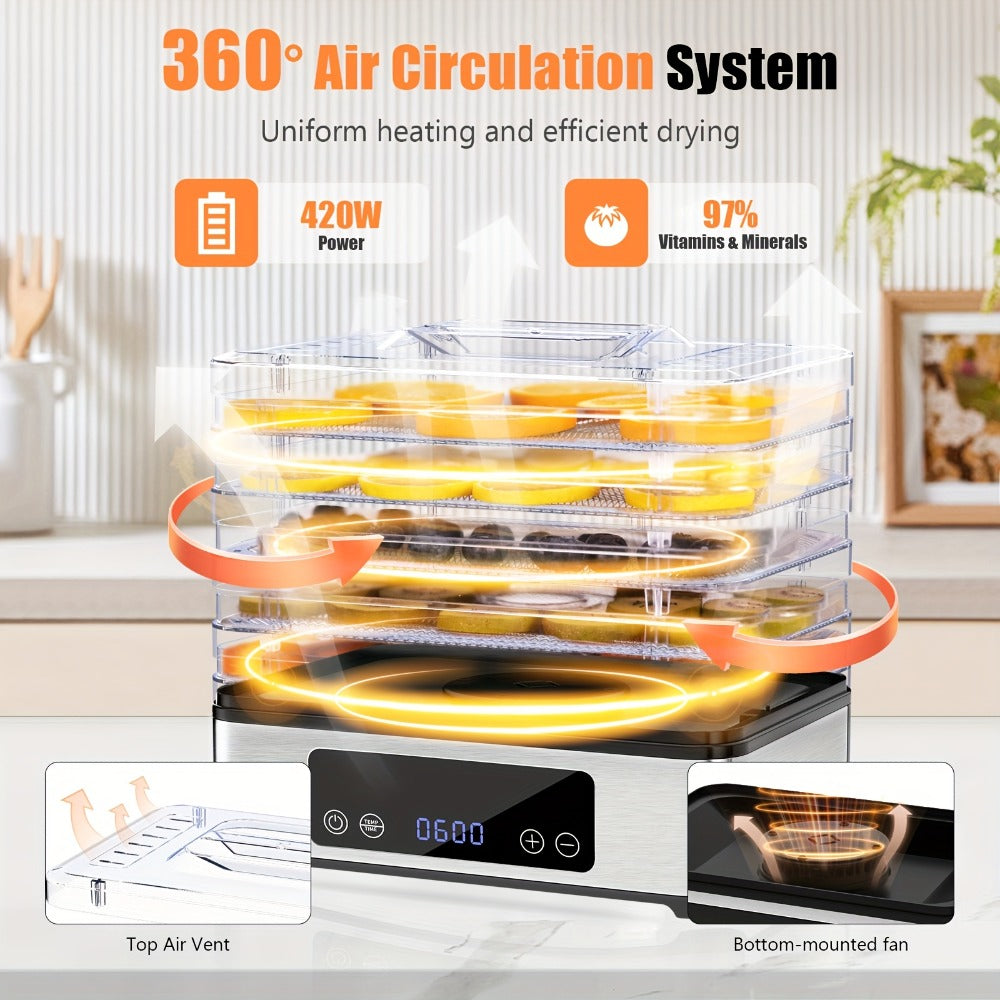 Food Dehydrator Machine 5 Stainless Steel Trays 420W with 48-Hour Timer Temperature Control 95-160¡ãF 360¡ã Airflow BPA-Free Dehydrator for Jerky Herbs Meat Fruit Mushrooms with Recipe Book