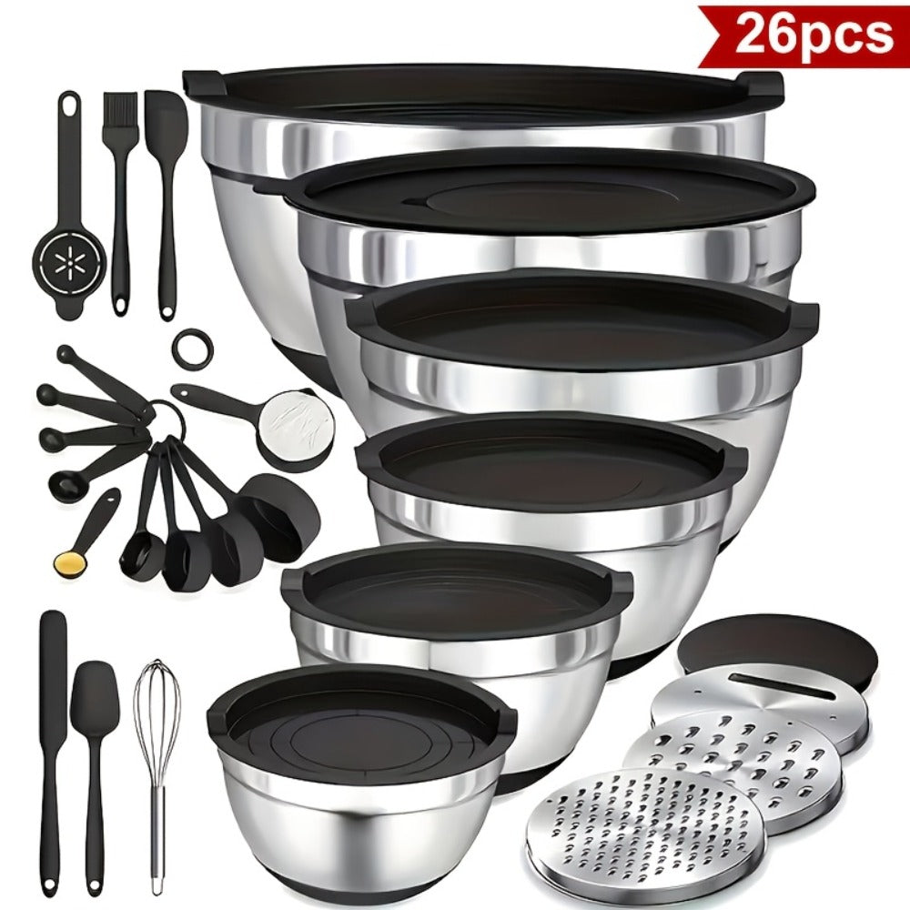 Stainless Steel Mixing Bowls with Airtight Lids 26pcs Set, 3 Grater Attachments, Non-Slip Bottoms, 7Qt 4Qt 2.5Qt 2Qt 1.5Qt 1Qt, Nesting Bowls for Mixing Serving Salad Baking