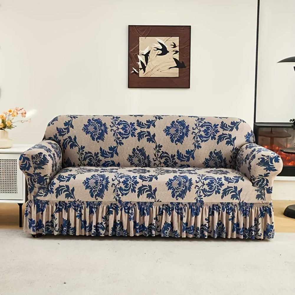 Stretch Sofa Cover with Skirt Design High Elasticity Anti-Slip Fixing Rod All Season Printed Slipcover Fits 1 2 4 Seater Sofa - Dark Blue with Matching Pillowcase