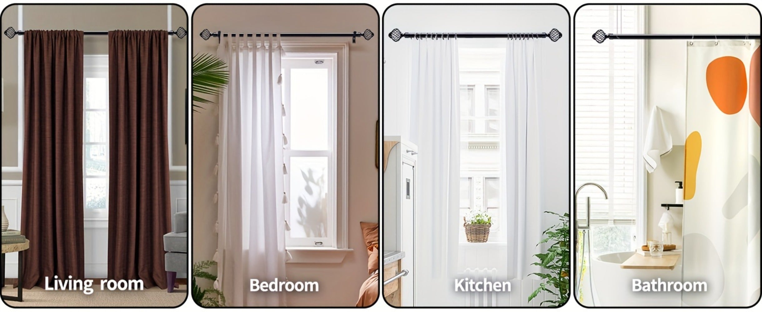 Black Adjustable Curtain Rod Heavy Duty Farmhouse Decorative Drapery Rod for Bedroom Living Room Kitchen Patio 4 Sizes Easy Install