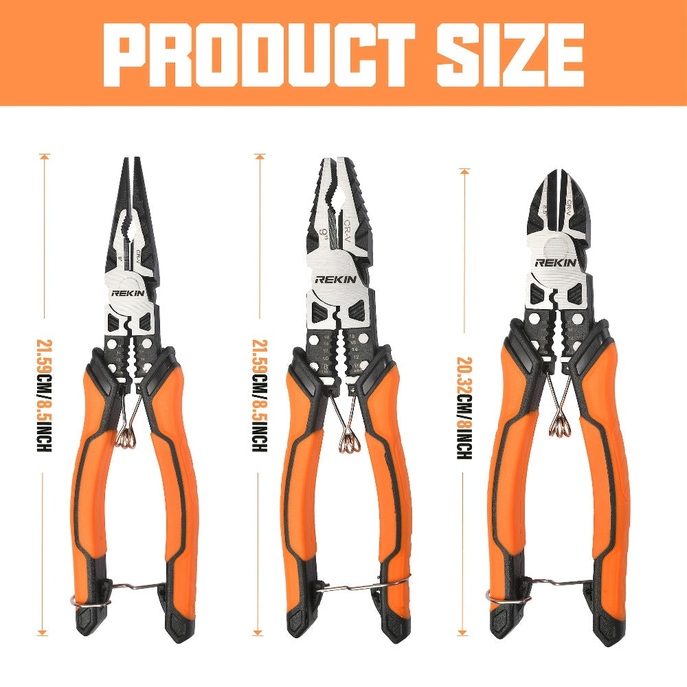 Pliers Set 9-in-1 Multi-Function Industrial Grade, 8.5¡± Lineman Pliers, 8.5¡± Long Nose Pliers, 8¡± Diagonal Side Cutters, CRV Steel TPR Handle Wire Stripper Crimper Cutter for Electrical & Auto Repair