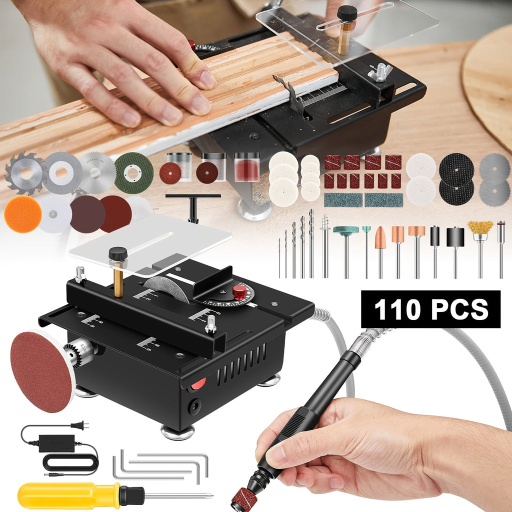 Mini Table Saw Multifunctional Desktop Cutting Machine ¨C 100W Motor, 7-Speed Adjustable, 0¨C90¡ã Angle Cut, 4 Saw Blades Included, Portable DIY Table Saw for Wood, Metal, Plastic, PCB, Acrylic ¨C with Extra Accessories Option