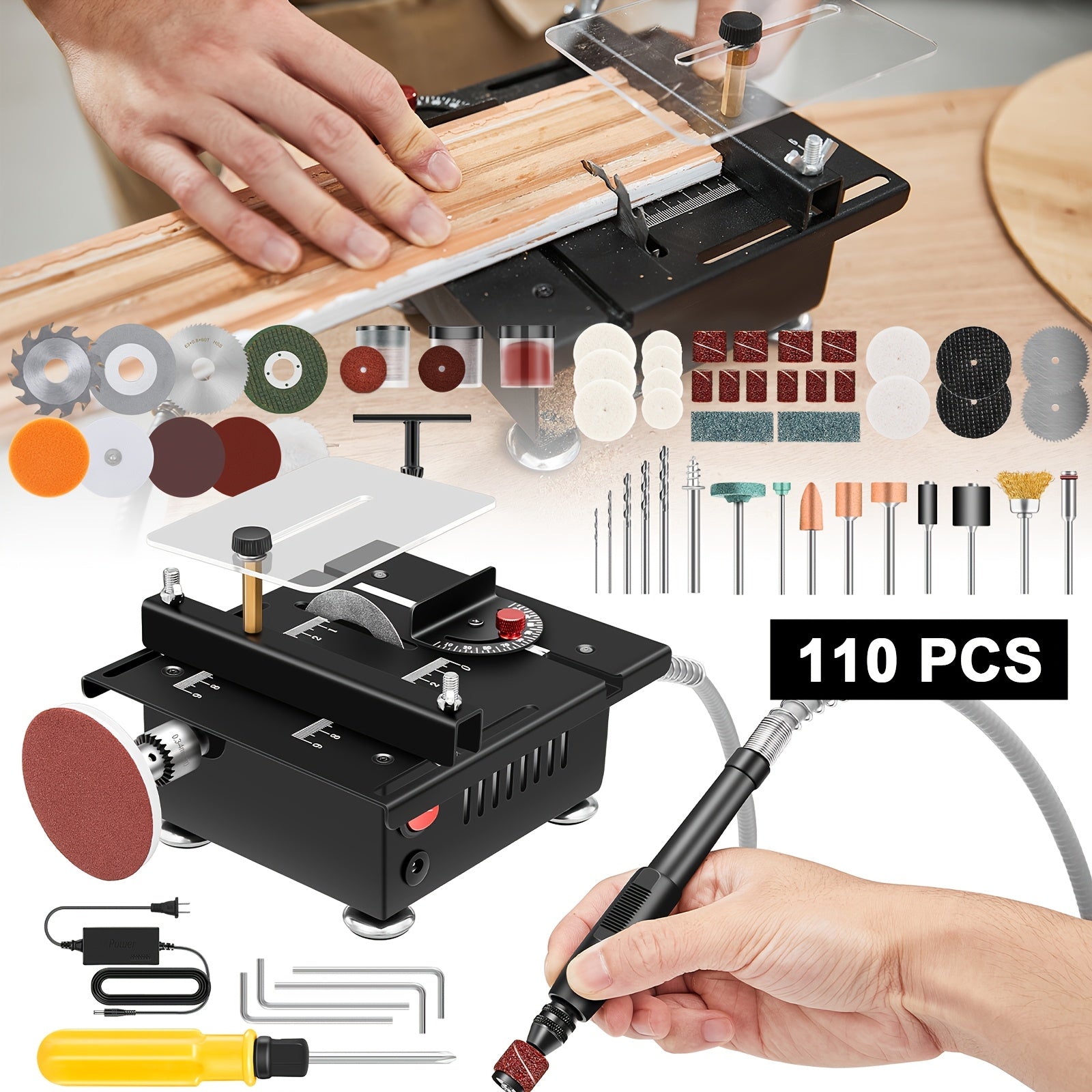 Mini Table Saw Multifunctional Desktop Cutting Machine ¨C 100W Motor, 7-Speed Adjustable, 0¨C90¡ã Angle Cut, 4 Saw Blades Included, Portable DIY Table Saw for Wood, Metal, Plastic, PCB, Acrylic ¨C with Extra Accessories Option