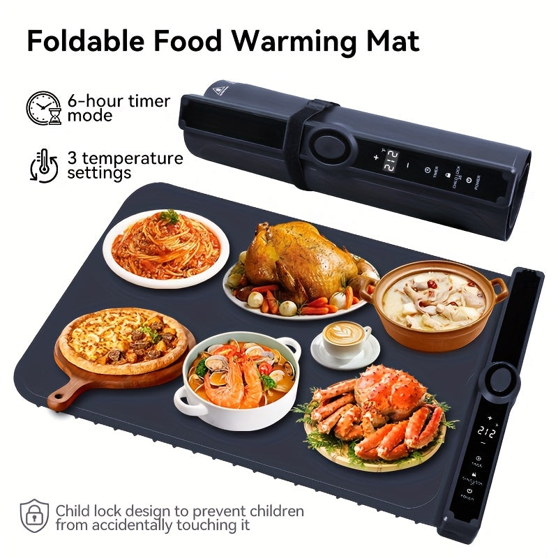 Electric Food Warming Pad Silicone 3 Temperature Levels 6-Hour Timer Foldable Full Surface Rapid Heating Tray for Buffet Party Kitchen Countertop Grayish Blue