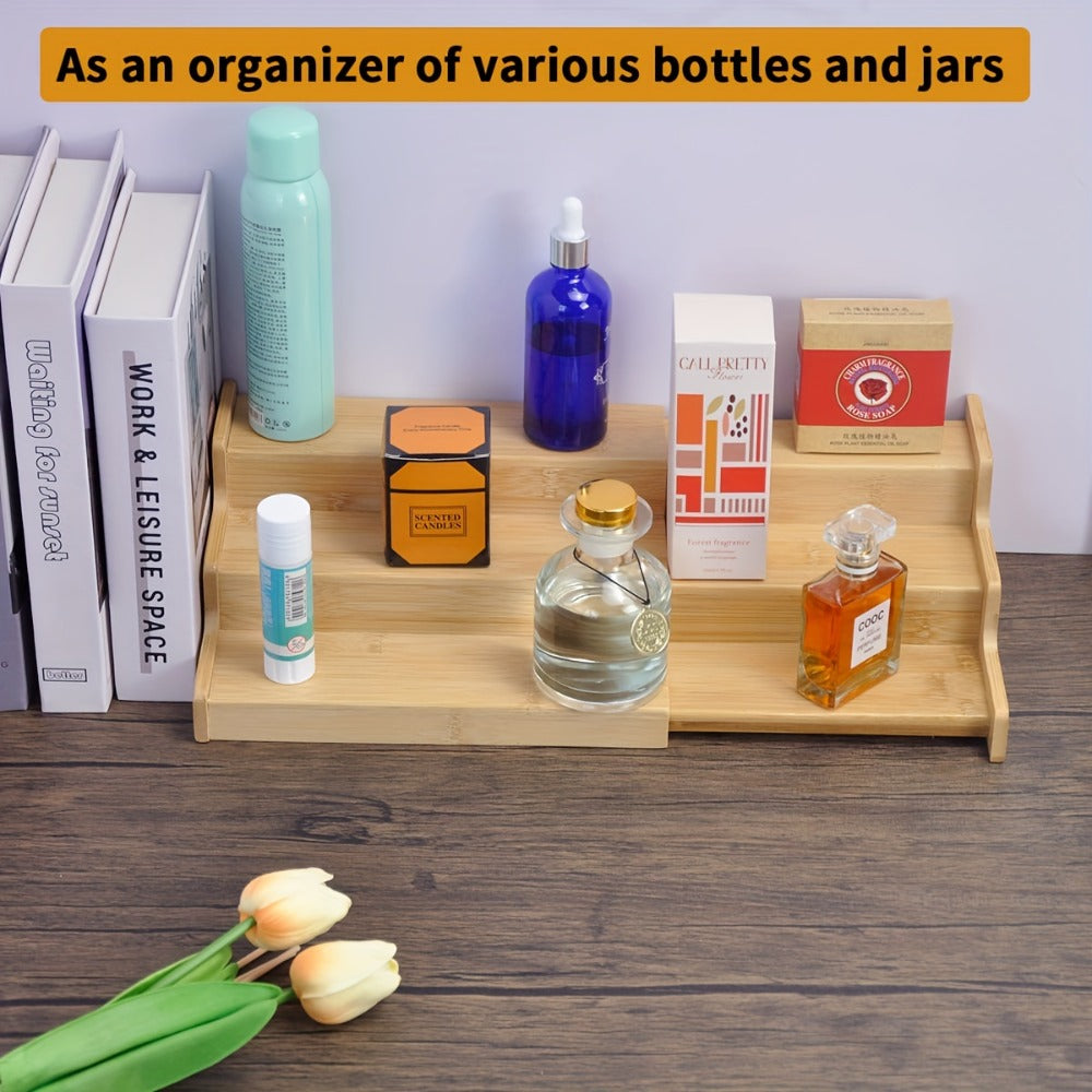 Bamboo Spice Rack Expandable 3-Tier Ladder Rack for Kitchen Cabinet Countertop Storage Organizer Pantry Shelf Display Stand for Spices Jars Bottles