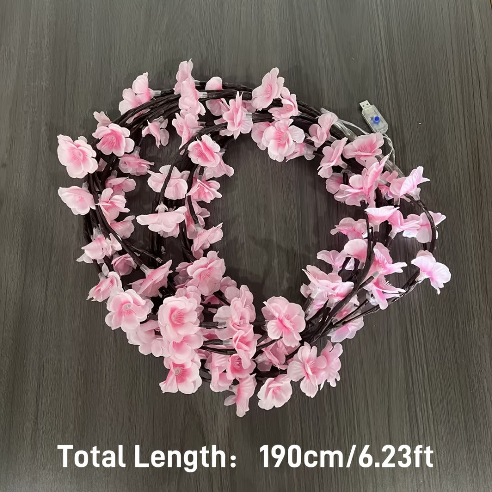 LED Cherry Blossom Chandelier Rattan String Lights USB 8 Modes Indoor Outdoor Holiday Decoration
