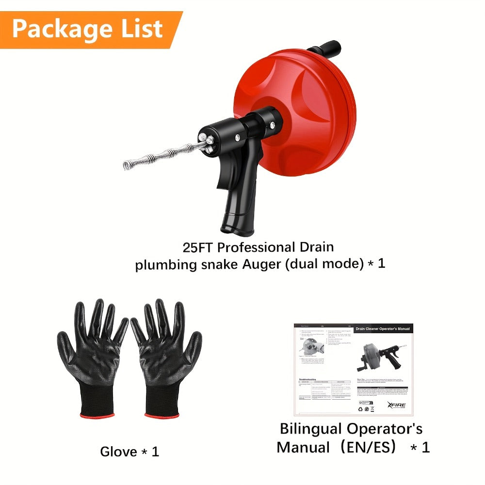 Drain Snake Auger 25ft with Drill Adapter - Heavy Duty Manual & Drill-Powered Plumbing Snake, 1/4¡± Spiral Head for 1-1/4¡± to 3¡± Pipes, Clog Remover for Shower Sink Toilet Bathtub, Gloves Included