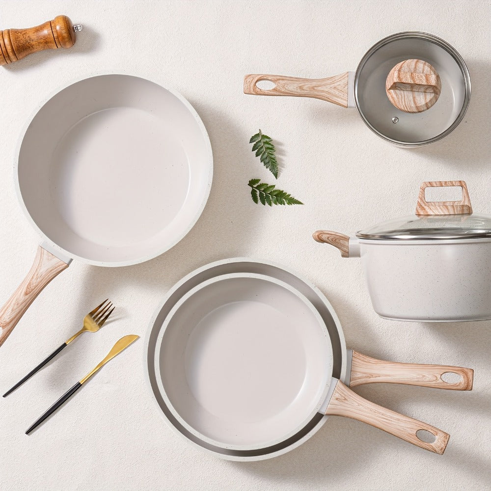Cookware Set 12 Piece Pots and Pans Set Non-Stick Granite Coating with Frying Pans Casserole Saucepan Glass Lids Pan Protectors Compatible with All Stovetops Including Induction