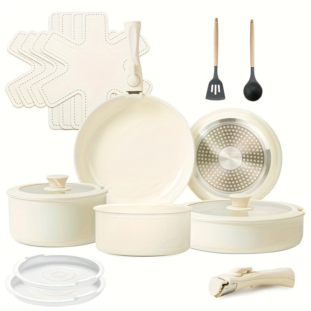 Ceramic Nonstick Cookware Set 17 Piece Pots and Pans with Removable Handles - PFOA Free Stackable Induction Ready Oven Dishwasher Safe RV Kitchen Set Frying Pans Sauce Pans Beige