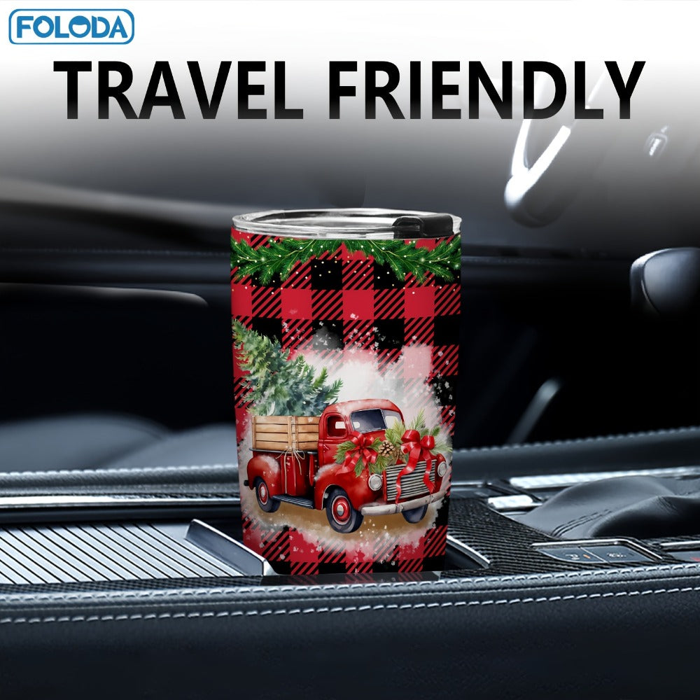 Christmas Tumbler 20oz Stainless Steel Insulated Travel Mug with Lid & Straw Holiday Xmas Patterns Red Truck Snowman Santa Gift for Men Women Friends Teachers