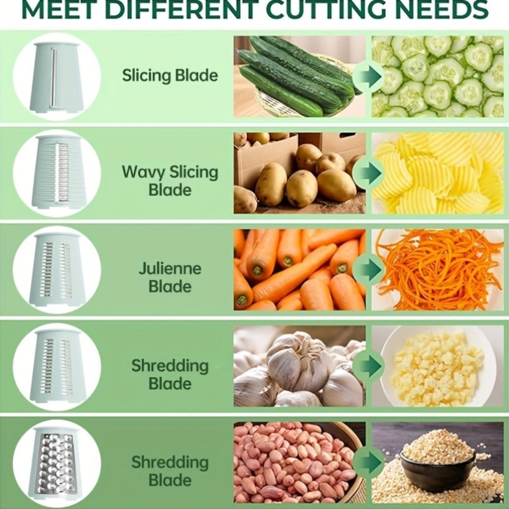 Rotary Cheese Grater with Interchangeable Blades ¨C 5-in-1 Manual Vegetable Slicer Shredder Set, Suction Cup Base, Easy to Clean, Multifunctional Kitchen Tool for Fruits, Vegetables & Nuts