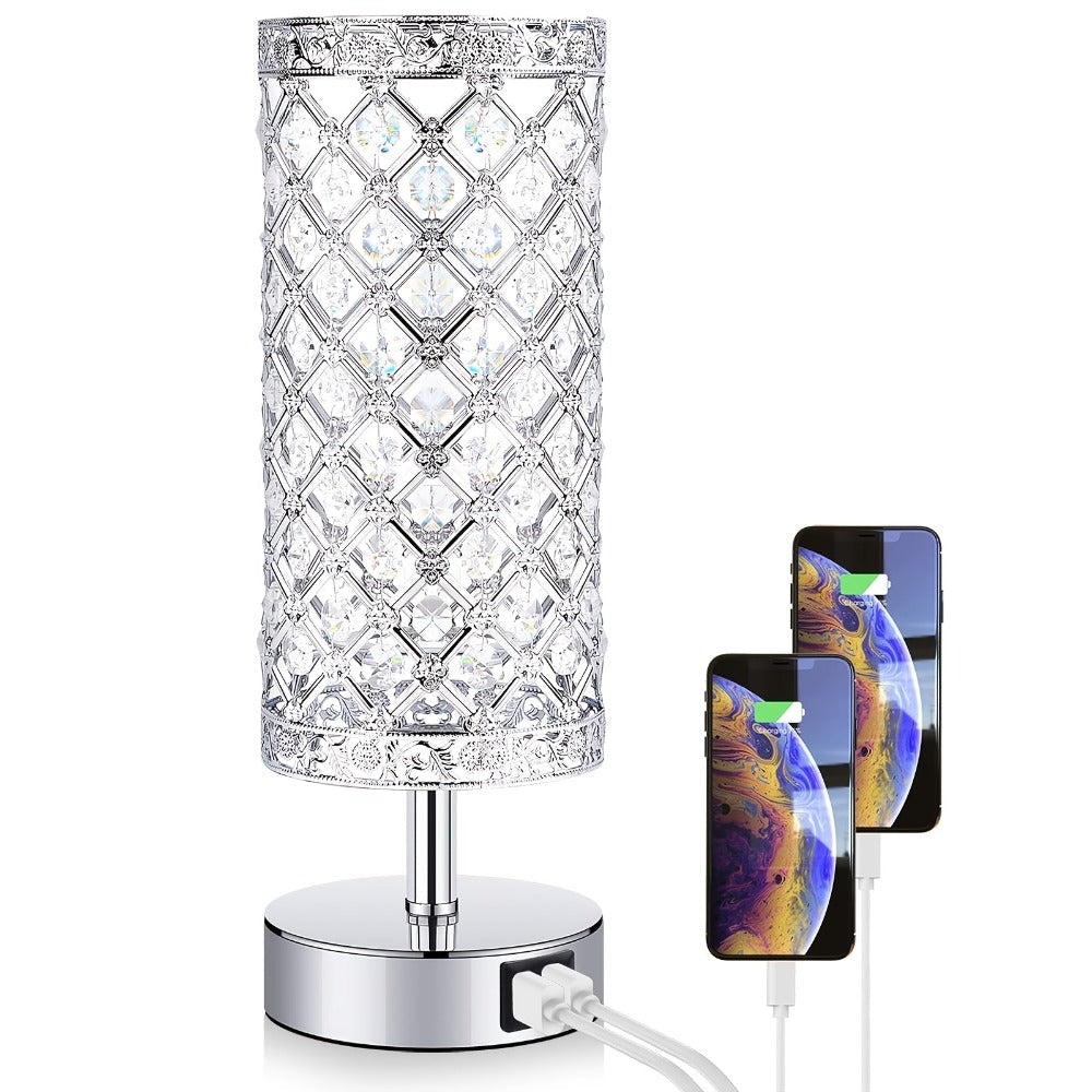 Crystal Bedside Table Lamp with Touch Control & 2 USB Charging Ports, 3-Way Dimmable Nightstand Lamp with Decorative Crystal Base, LED Bulb Included, for Bedroom Living Room Office