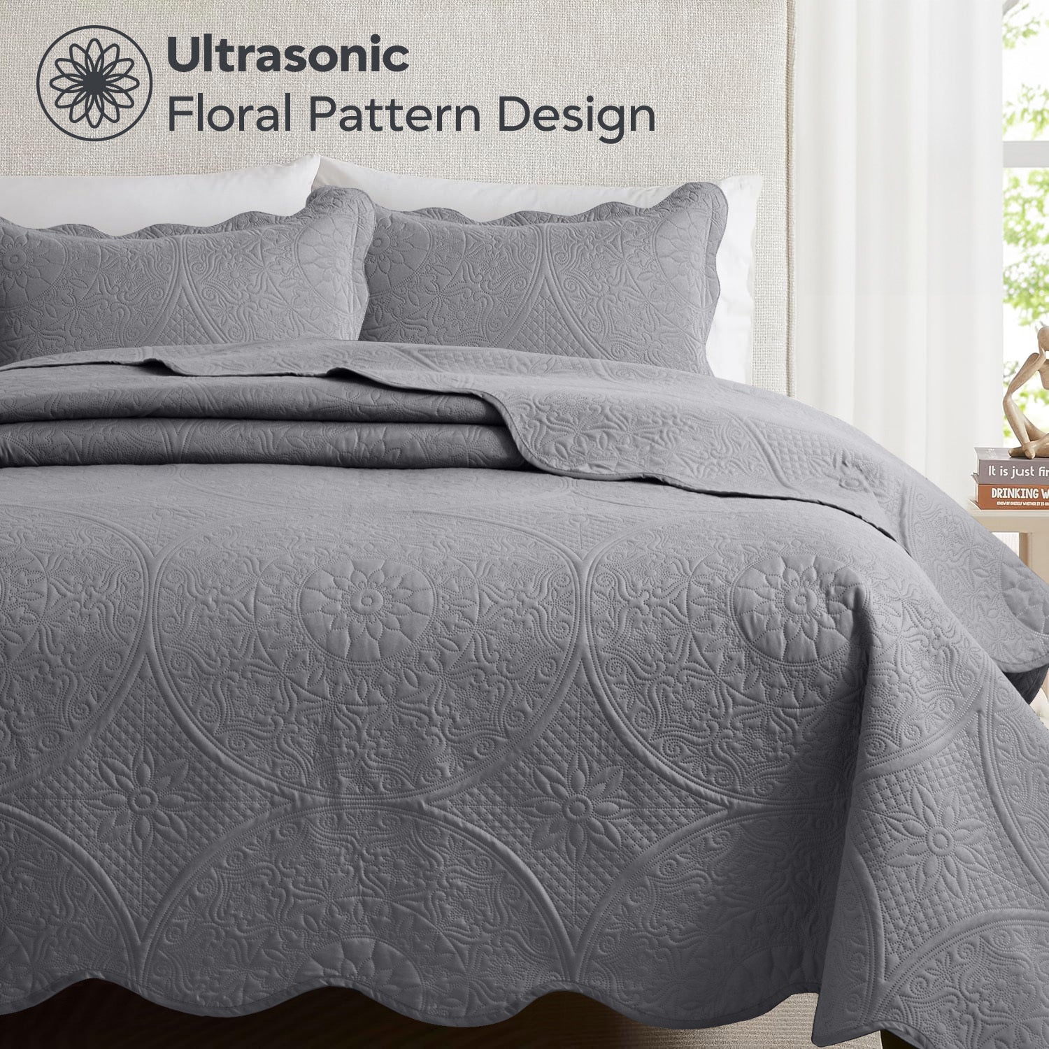 Quilted Bedspread Set 3 Piece ¨C Soft Floral Coverlet with Pillow Shams, Lightweight Breathable Quilt for Bedroom & Guest Room, All Season Bed Cover