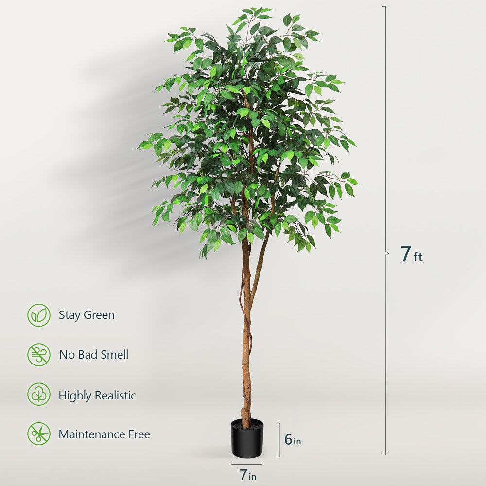 Artificial Ficus Tree Tall Fake Potted Plant Natural Wood Trunk Lifelike Silk Leaves 4FT 5FT 6FT 7FT Indoor Outdoor Living Room Bedroom Office Home Decor No Maintenance