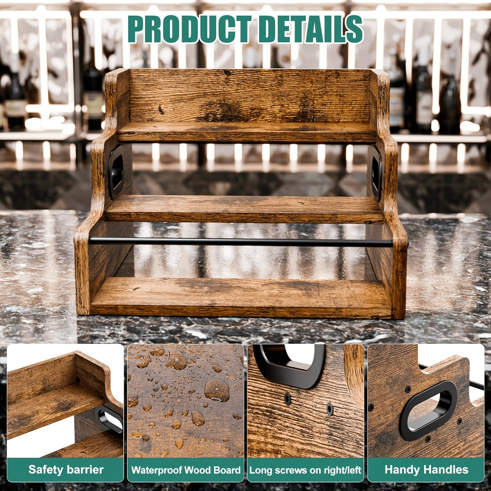 Wood Wine Rack 3 Tier Countertop Liquor Bottle Display Shelf | Solid Wood Bar Organizer for Whiskey Spirits Coffee Syrup Spices | Retro Mini Bar Cabinet Stand for Home Kitchen
