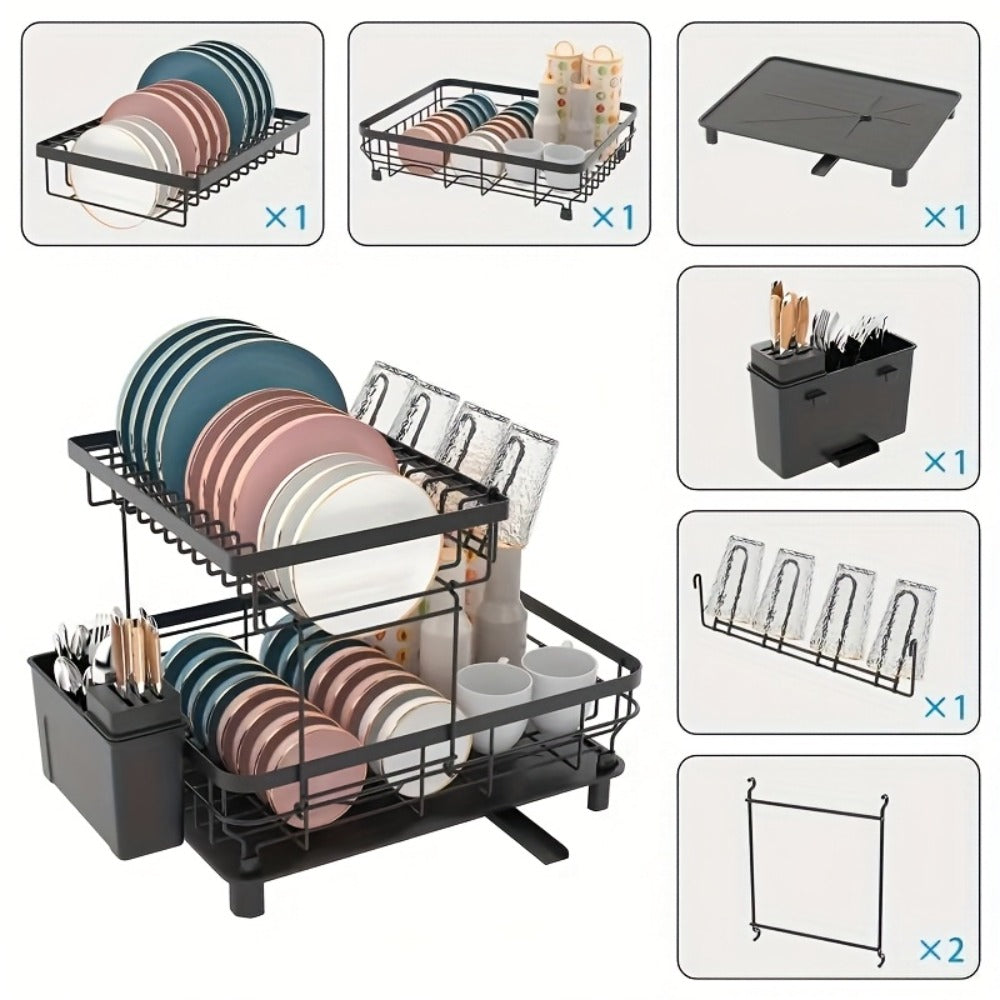 Dish Drying Rack 2-Tier Large Capacity Stainless Steel Detachable Dish Drainer for Kitchen Counter with Utensil Holder and Drain Board in Black White Gray