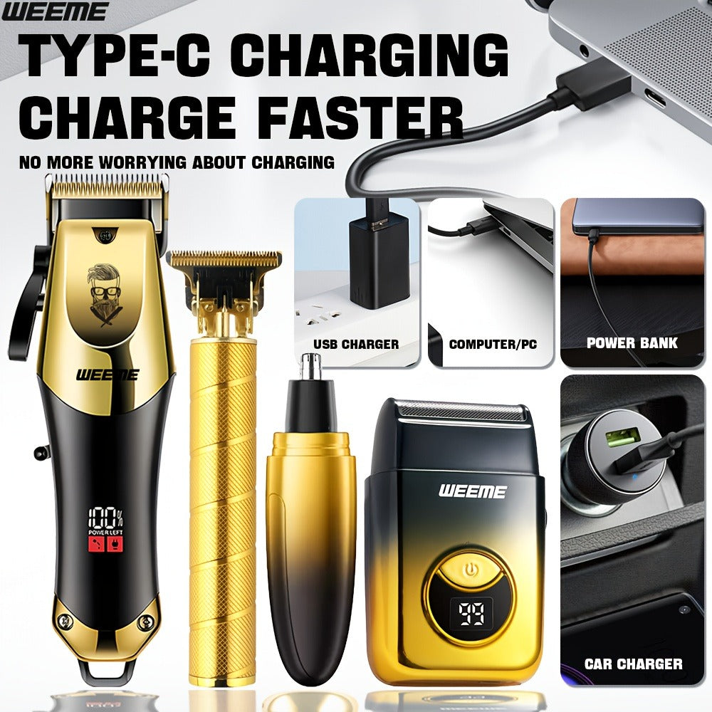Men's Grooming Kit USB Rechargeable Hair Clipper Set with Nose Trimmer Electric Shaver Detail Trimmer 8 Limit Combs Professional Haircut Kit Father's Day Christmas Gift Gold