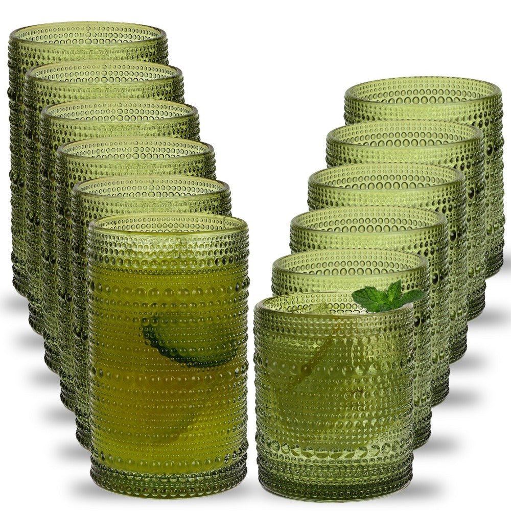 Hobnail Drinking Glasses Set 12pcs ¨C 12oz Highball & 10oz Cocktail Vintage Embossed Boho Glassware for Beer, Juice, Tea, Milk