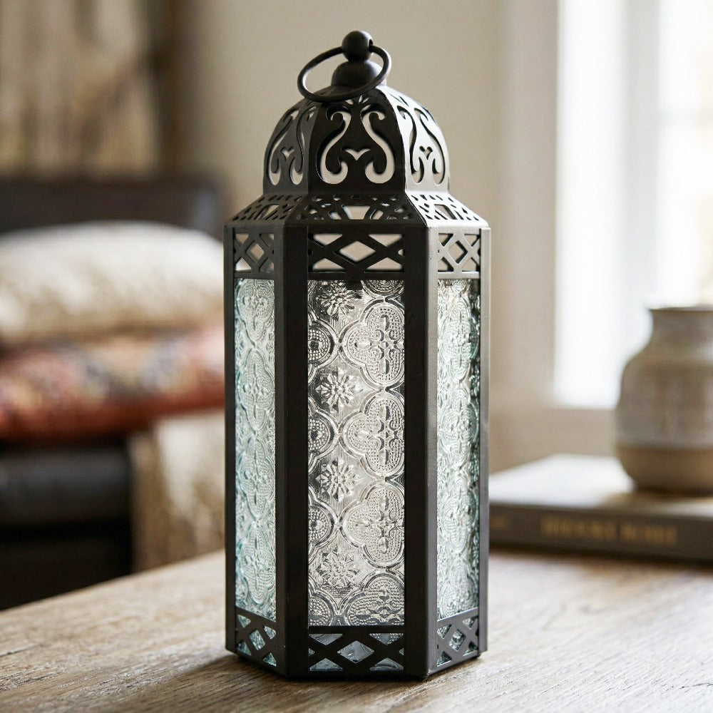 Moroccan Candle Lantern Holder - Decorative Metal & Glass Lantern with Embossed Floral Design for Indoor Home Decor, Garden, Patio, Weddings, Ramadan, Halloween & Holiday Celebrations - 10.5¡± Tall Medium Size