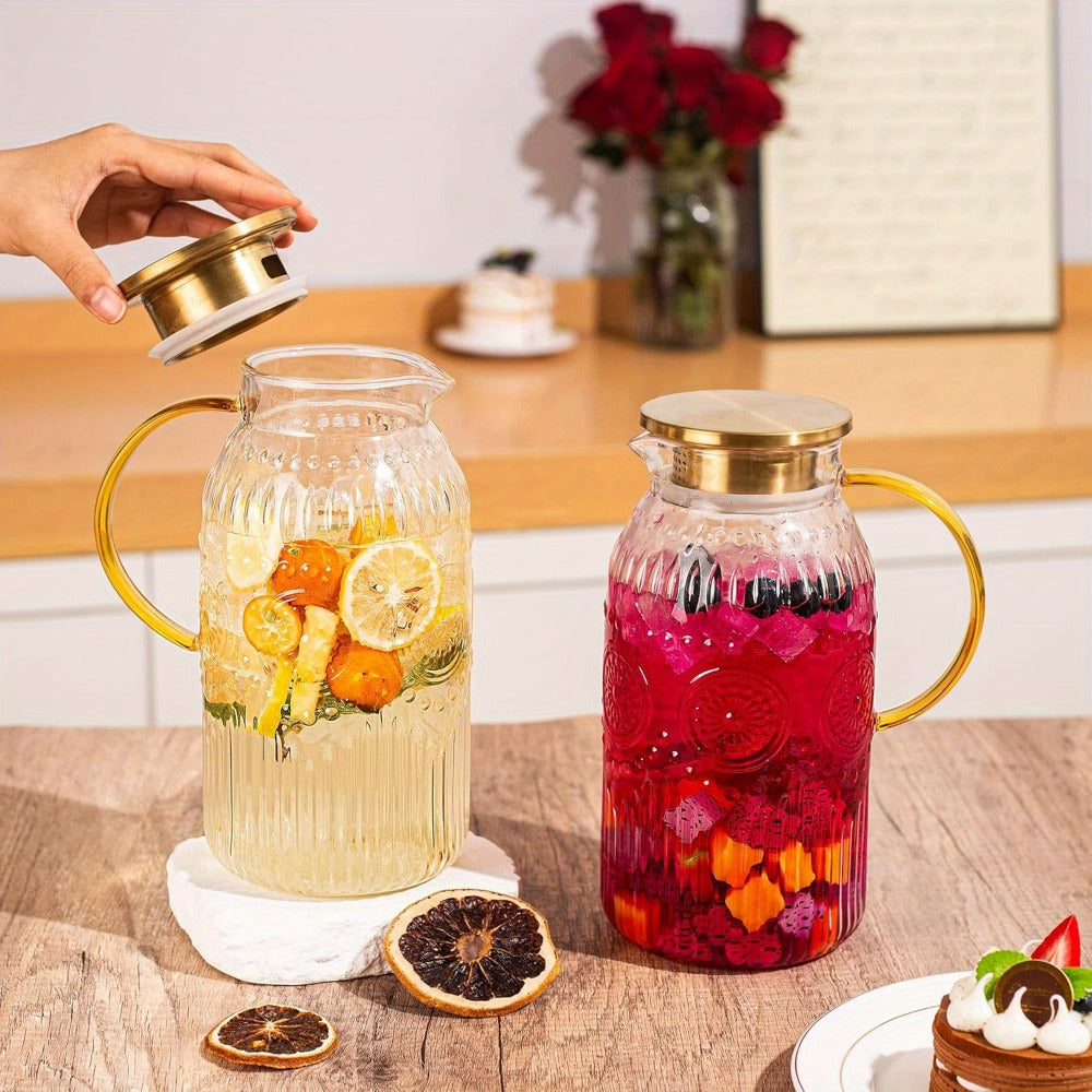 Glass Pitcher with Lid 68oz 2 Liter Heat Resistant Borosilicate Glass Water Carafe Vintage Design for Cold Brew Coffee Lemonade Iced Tea Juice Parties Picnics Camping Office Kitchen