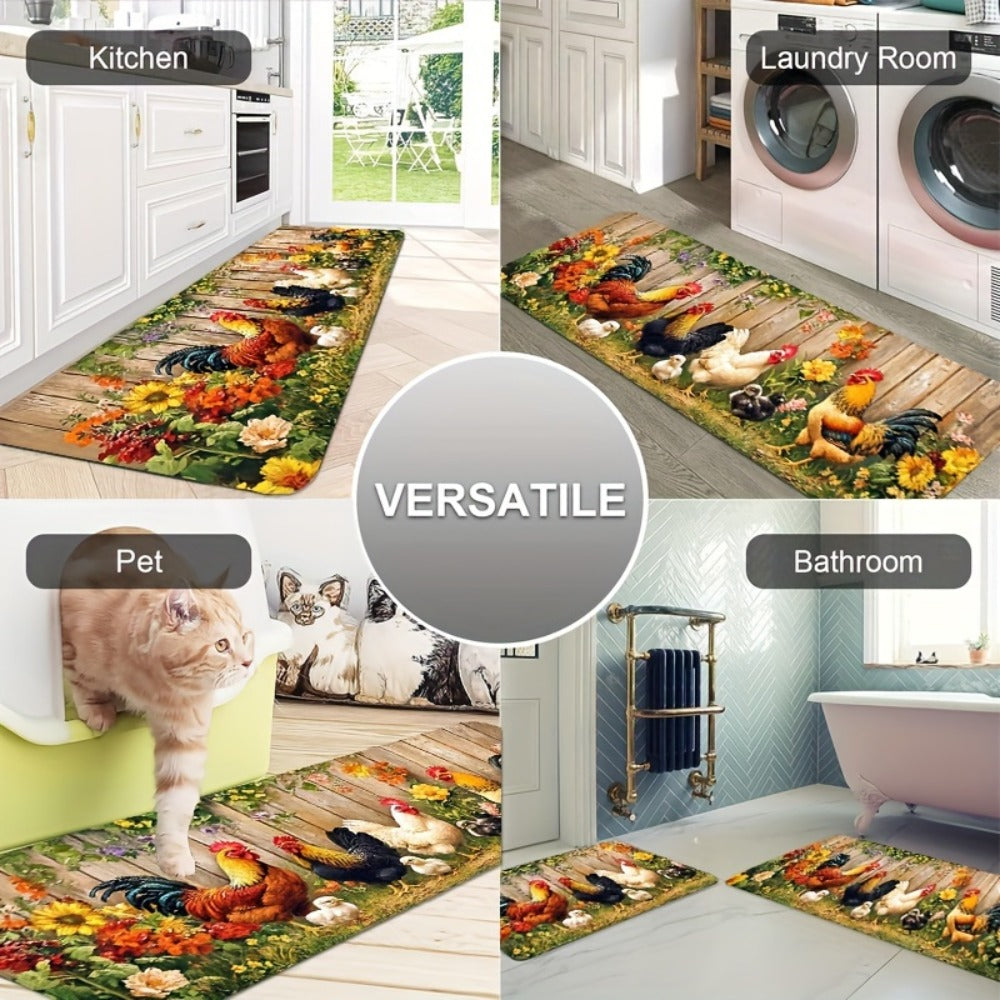 Rooster Kitchen Rugs Set 1/2/3/4pcs Vintage Farmhouse Anti-Slip Floor Mats for Kitchen Bedroom Bathroom Living Room Laundry Room Entrance