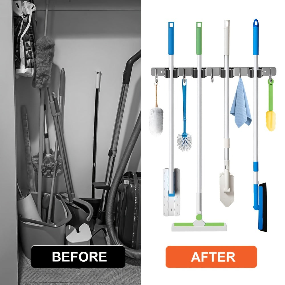 Wall Mounted Broom & Mop Holder ¨C 304 Stainless Steel Broom Organizer with 4 Racks & 5 Hooks ¨C Rustproof Non-Slip Wall Broom Hanger for Kitchen, Garage, Bathroom, Laundry & Closet Storage ¨C 2 Pack