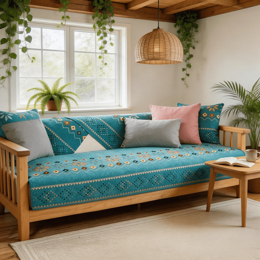 Chenille Sofa Cover Bohemian Style 1pc - Ethnic Pattern Anti-Slip Cat Scratch Resistant Skin-Friendly Couch Slipcover | 2 3 4 Seat Sizes White Green | Living Room Bedroom Office Sofa Cushion Cover Home Decor