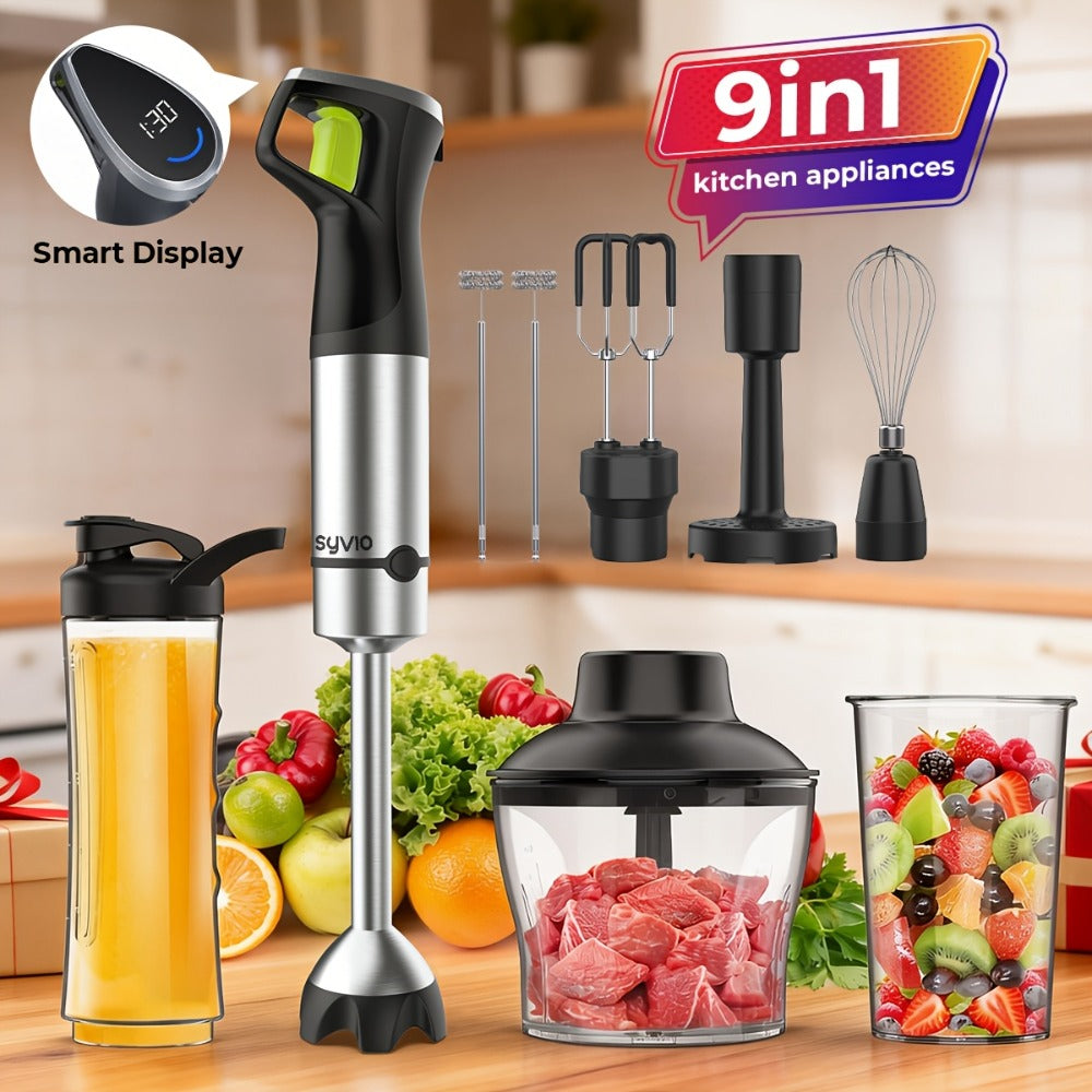 Immersion Blender 1200W 9-in-1 Heavy Duty Hand Blender Variable Speed with Time Display Chopper Whisk Milk Frother Beaker Electric Handheld Mixer for Soup Puree Smoothies