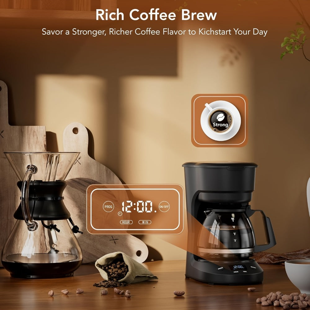 Drip Coffee Maker 5 Cup 24H Delay Brew 2H Keep Warm Pause and Serve Reusable Filter Glass Pot LED Display Auto Shut-Off Portable Coffee Machine for Office Travel