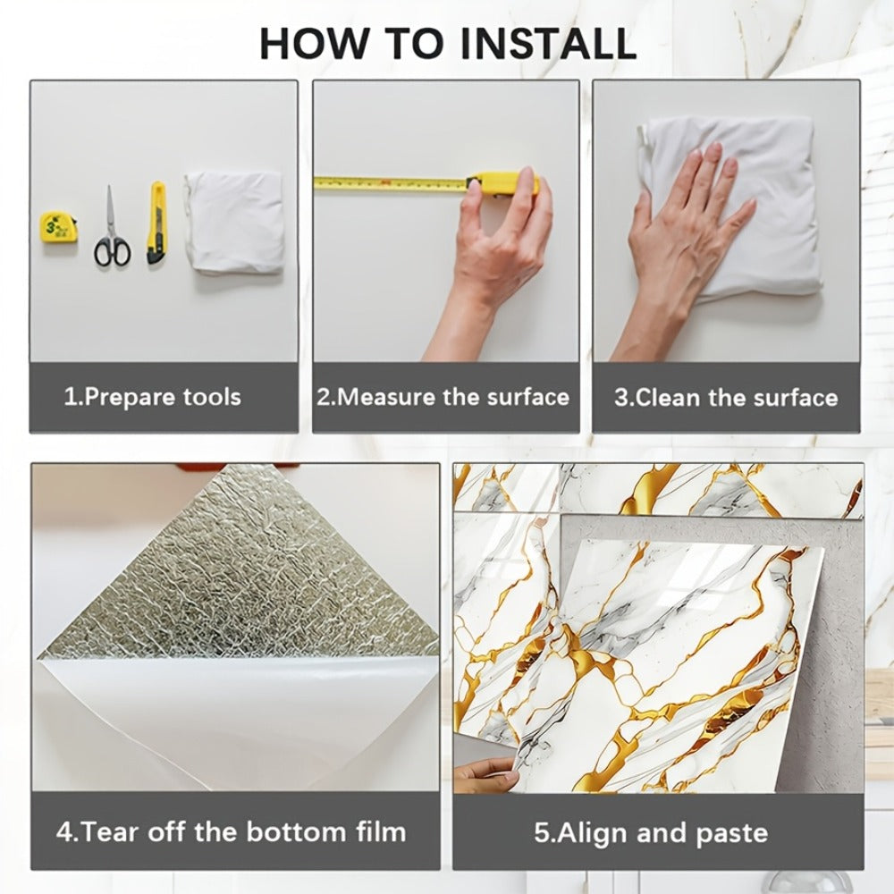 Self-Adhesive Marble Tile Stickers 11.8x11.8in Peel and Stick Wall Tiles for Bathroom Kitchen Backsplash ¨C Waterproof 3D Glossy Imitation Marble Wall Panel, Easy to Install, 50 or 100 Pack