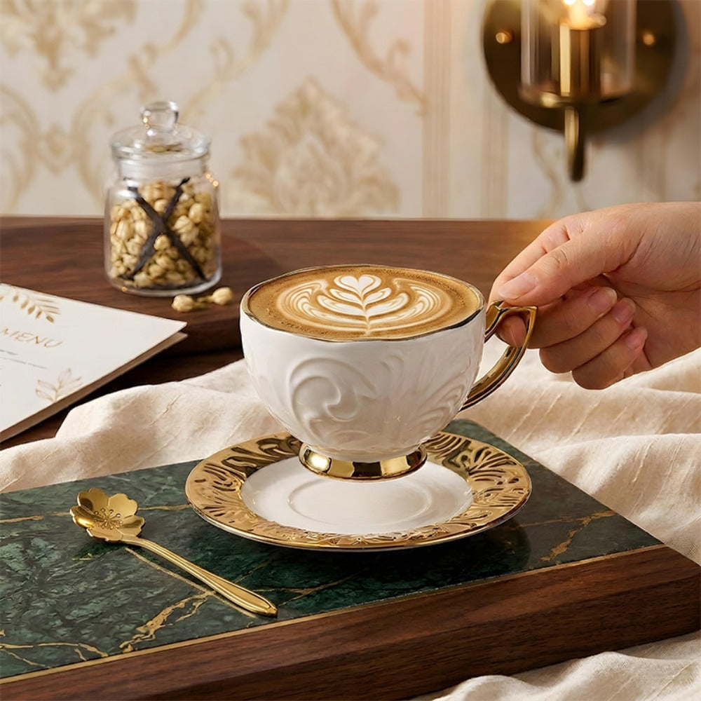 Espresso Cups Set 12 Pcs ¨C 7.44 Oz Small Ceramic Cappuccino Cup Set with 6 Cups, 6 Trays & 6 Spoons ¨C Elegant Coffee & Tea Cup Set with Handles ¨C Perfect Gift for Coffee Lovers