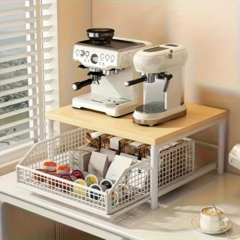 2-Tier Kitchen Countertop Organizer with Drawer & Wire Basket ¨C Hardwood & Metal Storage Shelf for Coffee Maker, Utensils & Spices