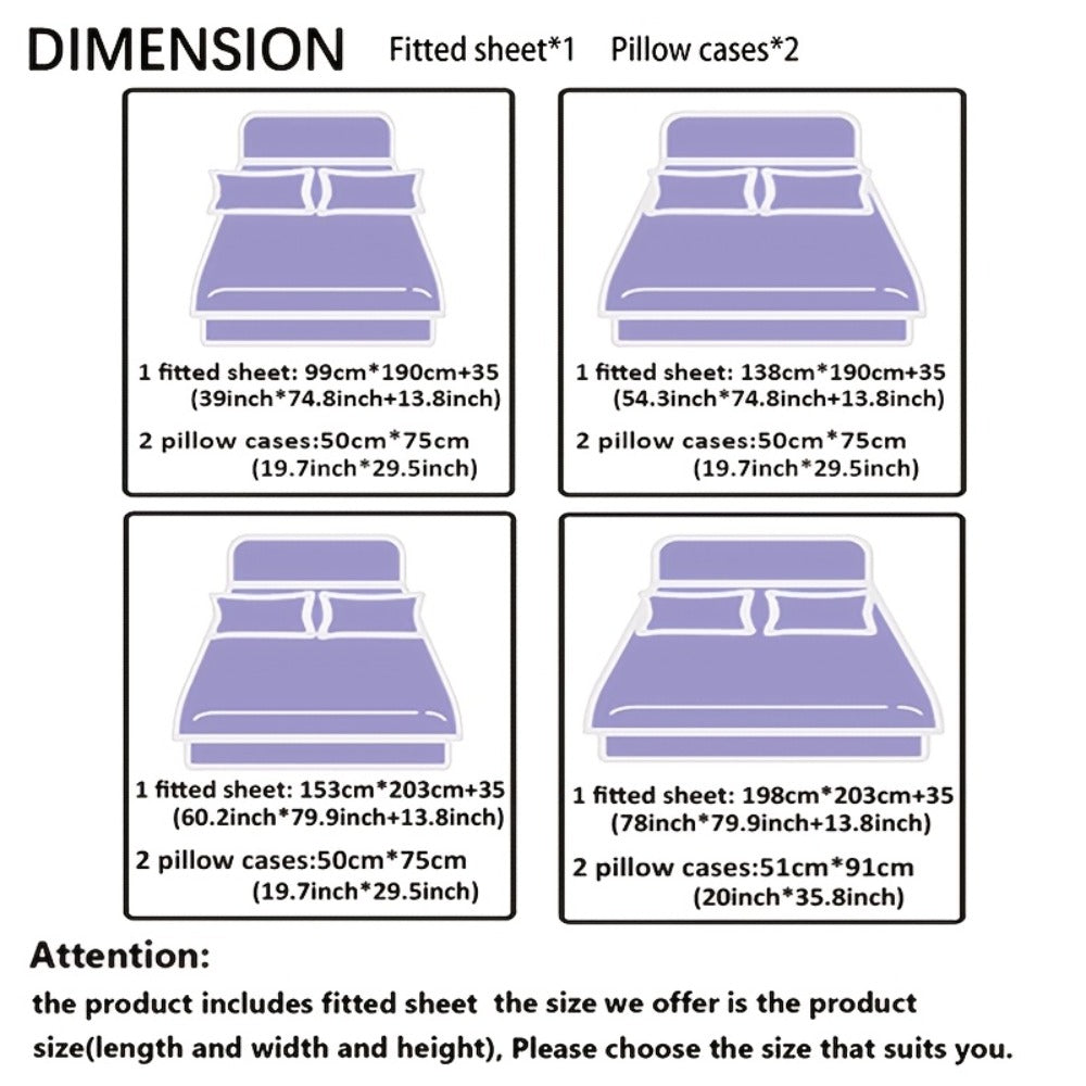 Bed Sheet Set 3 Piece Super Soft Microfiber Fitted Sheet with Pillowcases - Deep Pocket 15 Inch Crown Letter Print Color Block Bedding Twin Full Queen King All Season