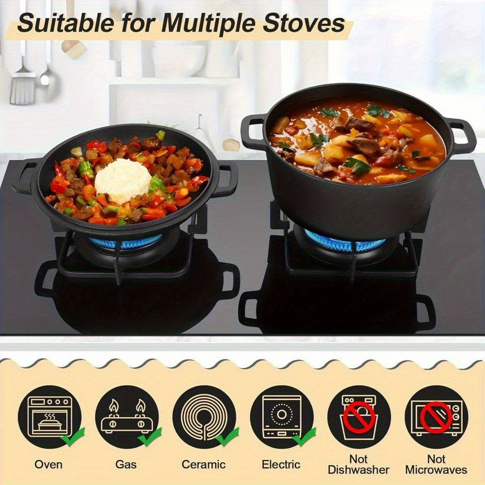 Cast Iron Dutch Oven 5 Quart Pre-Seasoned with Skillet Lid | 2-in-1 Non-Stick Crock Pot with Handles for Braising, Roasting & Casserole ¨C All-in-One Cookware, Black