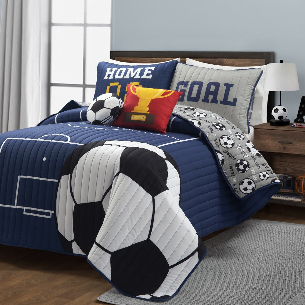 Kids Soccer Quilt Set 4 5 Piece Reversible Microfiber Bedspread Lightweight All Season Comforter with Pillow Shams Decorative Pillows Twin Full Queen