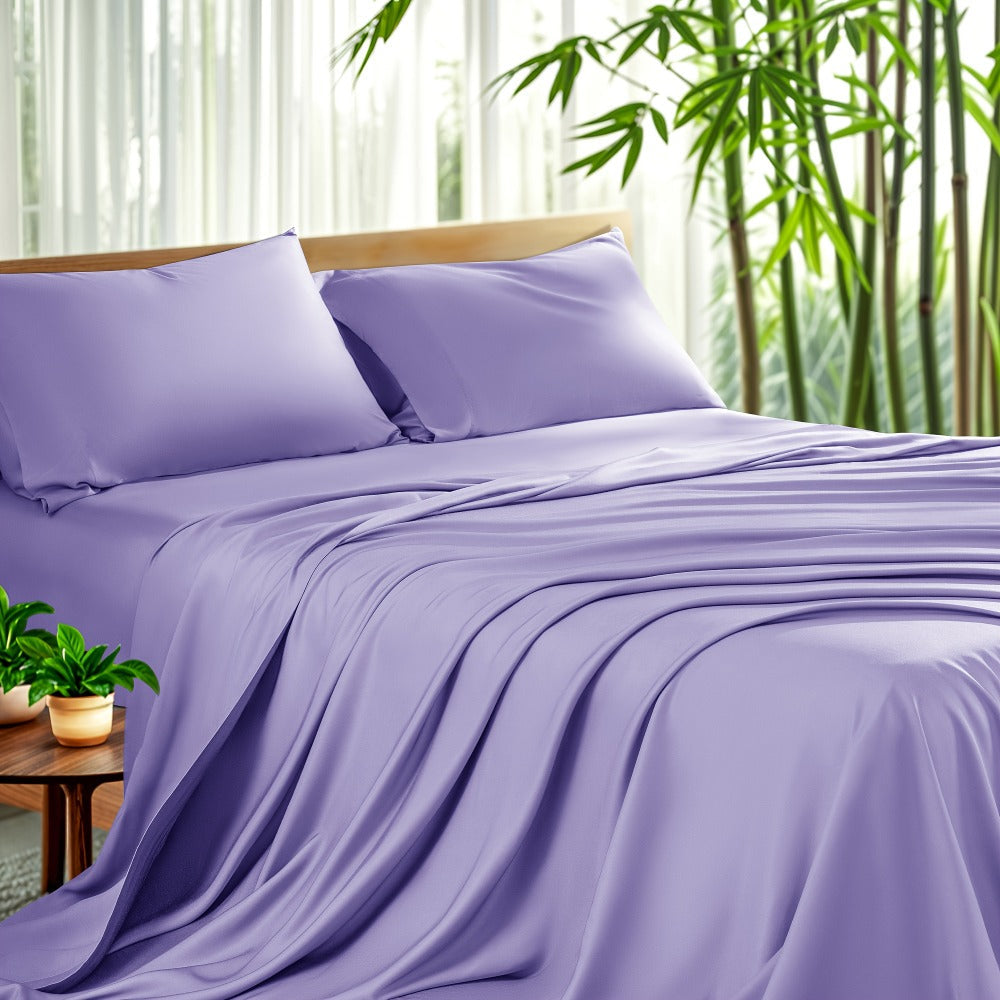 Bamboo Sheet Set 4pcs Cooling Deep Pocket Wrinkle Resistant Bedding All-Season Fitted Flat Sheet 2 Pillowcases Gift Box
