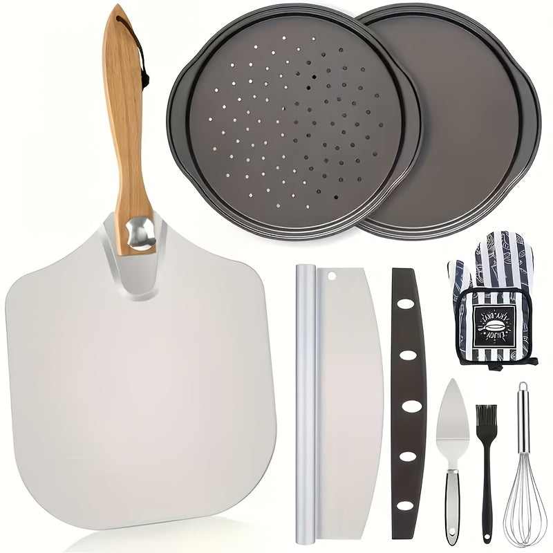 Pizza Making Set with Pizza Peel, Nonstick Pizza Pan, Perforated Pan, Pizza Cutter, Oven Mitts, Pie Server & Basting Brush, Complete Pizza Tools Kit for Oven & Grill, 7-Piece or 8-Piece