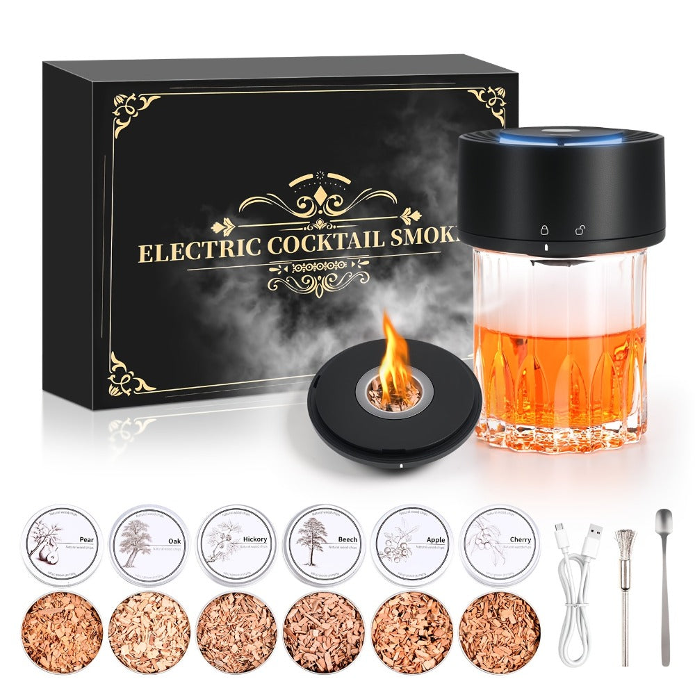 Cocktail Smoker Kit Rechargeable Electric, Whiskey Smoker Set with 6 Flavored Wood Chips, Old Fashioned Drink Smoker for Bourbon & Cocktails, Bartender Gift for Men, Dad & Christmas