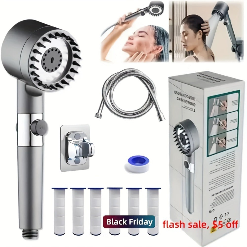 High Pressure Shower Head Set 4-Piece ¨C Turbine Spray Wall Mounted, 3-Stage Adjustable Mode, 6 Water Filters & 68¡± Hose, Skin-Friendly Bathroom Shower Upgrade Kit