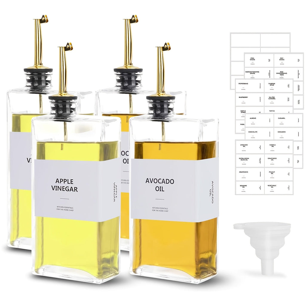 Glass Oil Dispenser Bottle 350ml - Olive Oil Vinegar Soy Sauce Coffee Syrup Dispenser for Kitchen, Rectangular Stable Design, Set of 2 or 4, Gold Silver Black White
