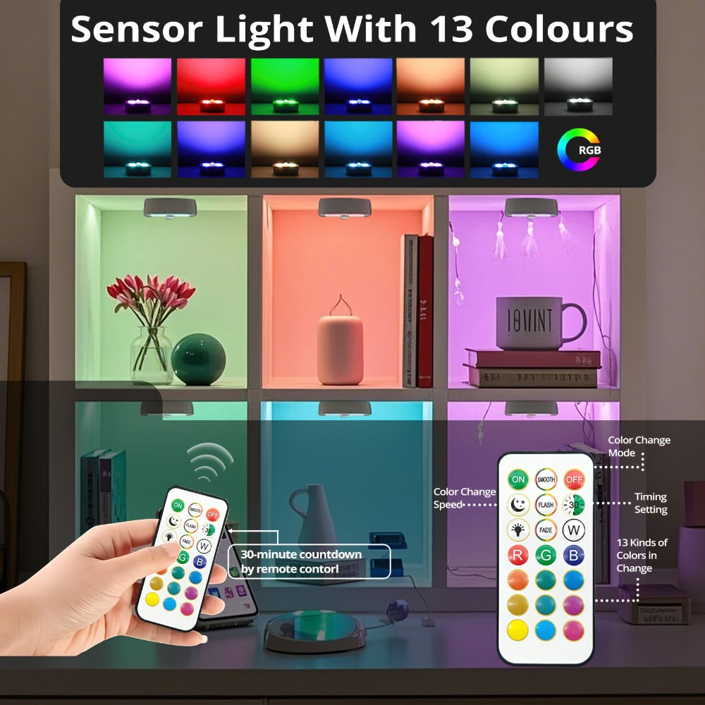Puck Lights Rechargeable RGB with Charging Station - Motion Sensor Under Cabinet Lighting, Wireless LED Closet Lights with Remote Control, Color Changing Night Light for Hallway Stairway Bathroom Bedroom Kitchen, 3/4/6 Pack